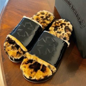 Chrome Hearts CH Slip ‘n’ Slide Black Leather Cross Leopard Fur Platform Sandals